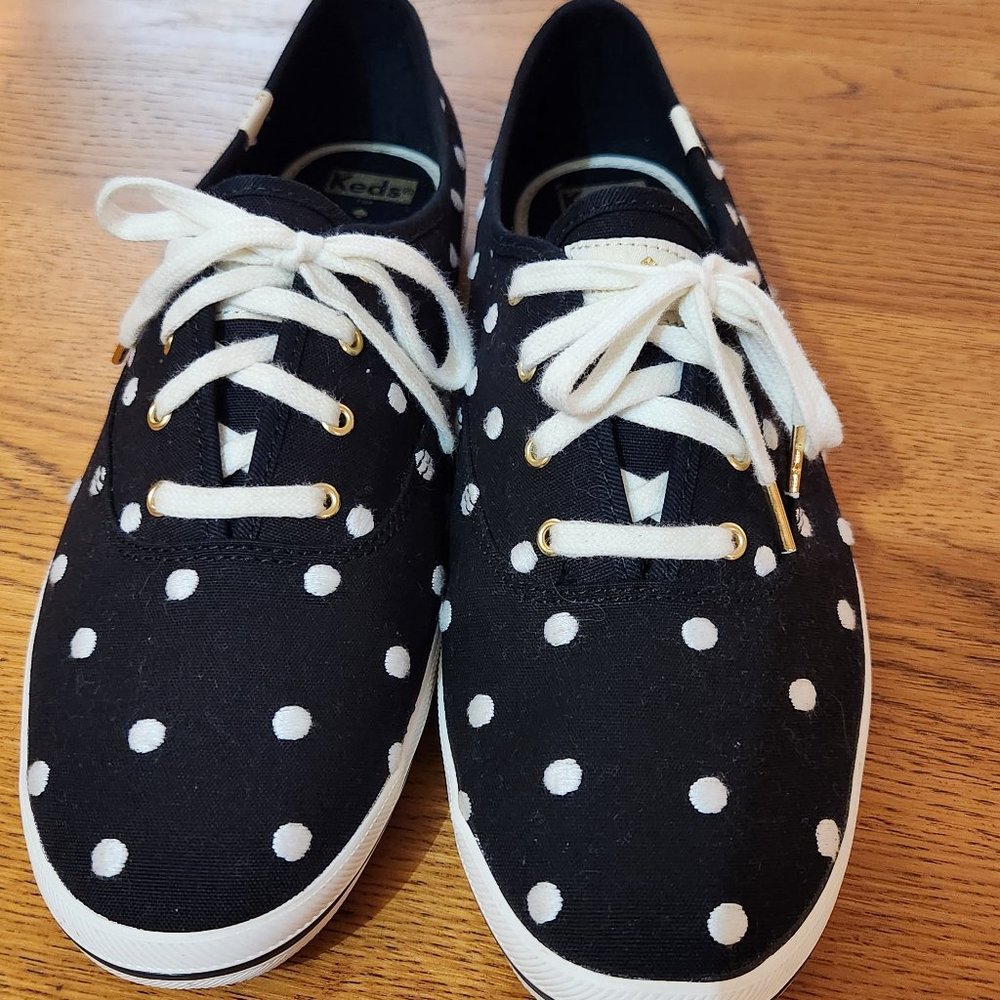 Kate Spade Keds Black with white embroidered polka-dots womans tennis shoes.